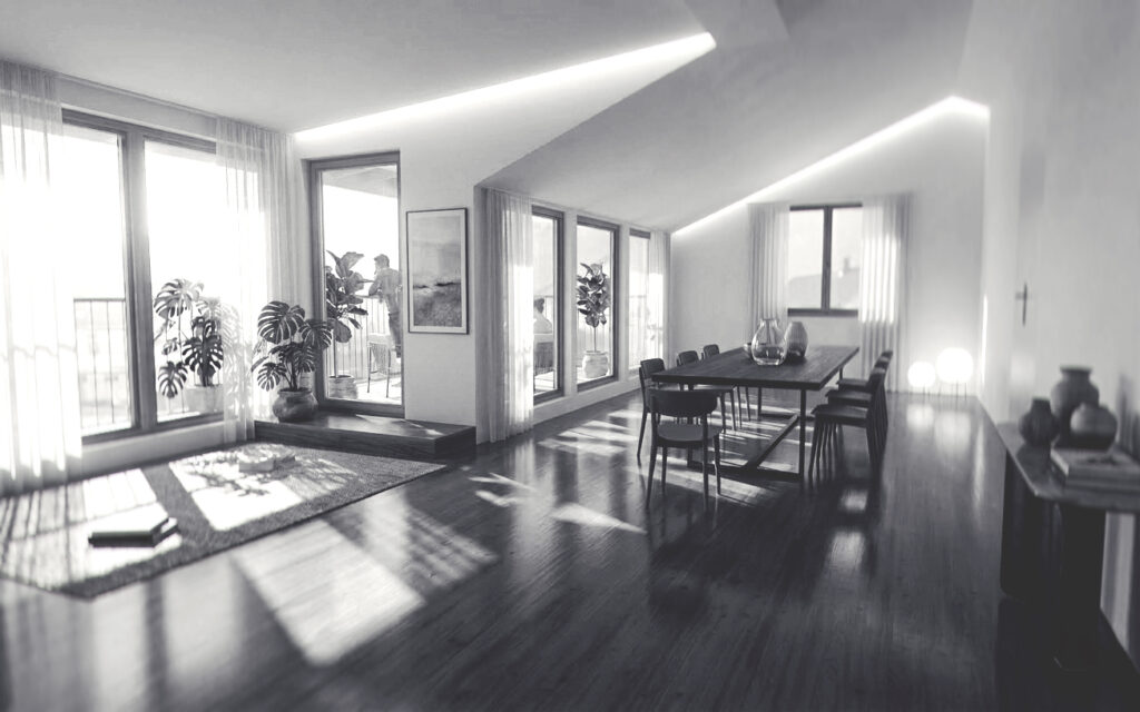 Wohnraum im Rahmen der Bestandssanierung und Erweiterung Haus B in Altach mit großzügigen Verglasungen und geführtem Tageslicht – aha. architektur Andreas Haselgruber