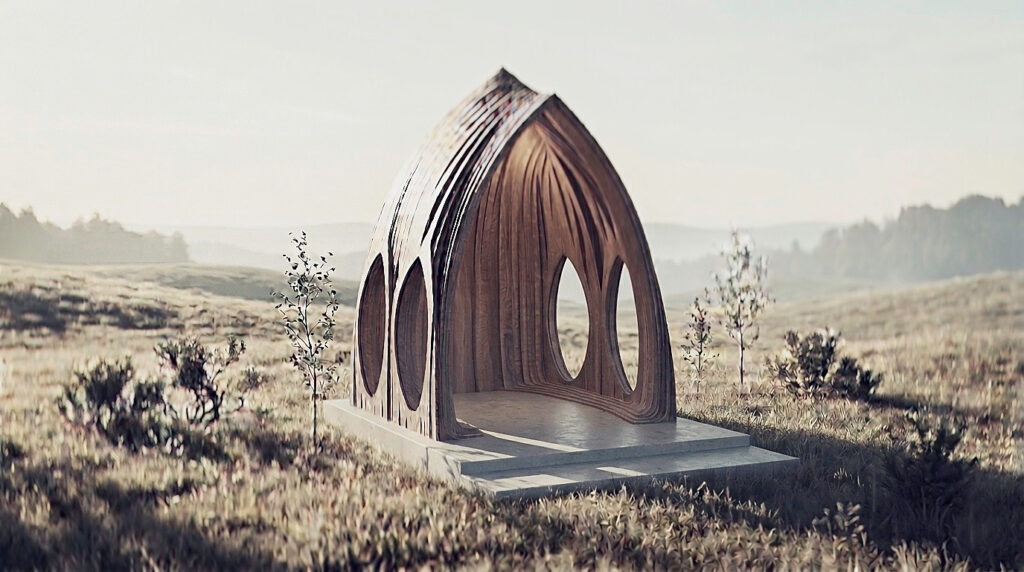 Kapelle am Hof in Prebuch, Steiermark als Holzbau auf Betonsockel, inspiriert von einem halbierten Bootskörper – aha. architektur Andreas Haselgruber