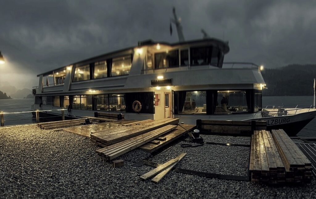 Anlegestelle an der Seebühne Wolfgangsee mit Anbindung der Schiffe der Salzburg AG in Abendstimmung – aha. architektur Andreas Haselgruber
